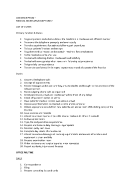 Free Download PDF Books, Medical Secretary Receptionist Job Description