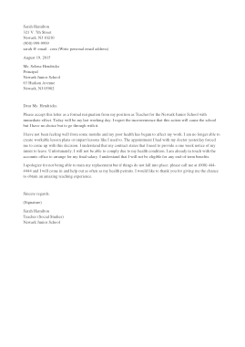 Free Download PDF Books, Resignation Letter to Teacher due To Health Problem Template
