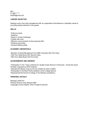 Free Download PDF Books, Hotel Management Fresher Resume Template