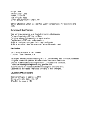 Free Download PDF Books, Resume for Data Quality Manager Template