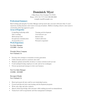 Free Download PDF Books, Resume of Car Sales Manager Sample Template