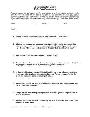 Free Download PDF Books, Student Self Assessment Recommendation Letter Template