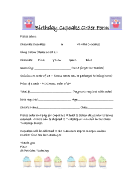 Free Download PDF Books, Birthday Cupcake Order Form Template