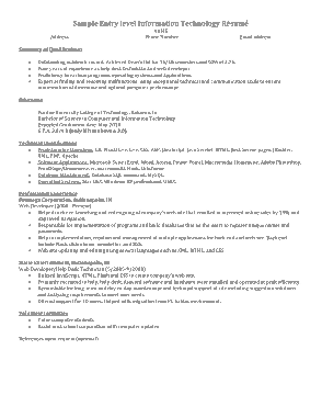Free Download PDF Books, Sample Entry level Information Technology Resume Template