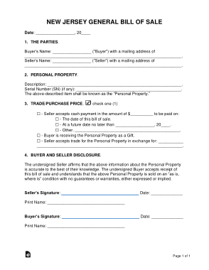 Free Download PDF Books, New Jersey General Personal Property Bill of Sale Form Template