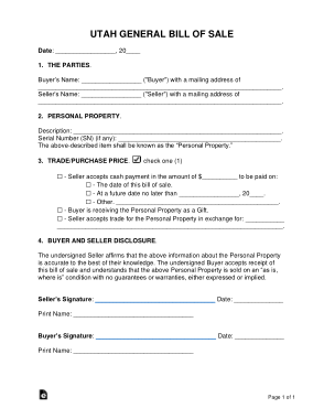 Free Download PDF Books, Utah General Personal Property Bill of Sale Form Template