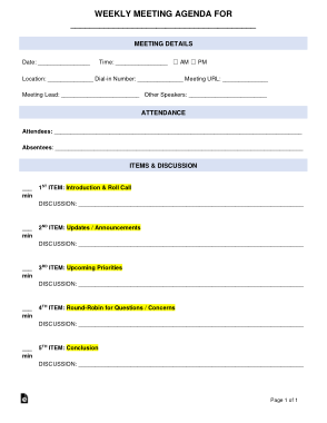 Free Download PDF Books, Weekly Meeting Agenda Form Template