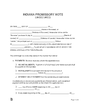 Free Download PDF Books, Indiana Unsecured Promissory Note Form Template