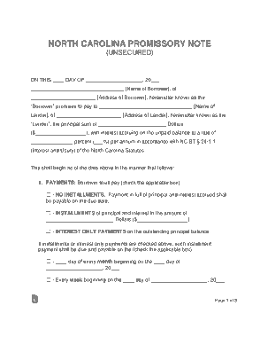 Free Download PDF Books, North Carolina Unsecured Promissory Note Form Template