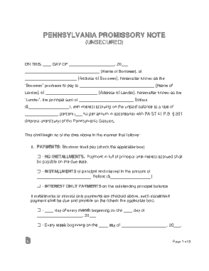Free Download PDF Books, Pennsylvania Unsecured Promissory Note Form Template
