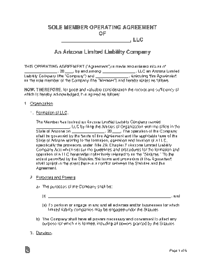 Free Download PDF Books, Arizona Single Member LLC Operating Agreement Form Template