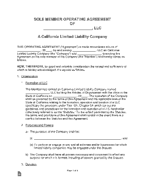 Free Download PDF Books, California Single Member LLC Operating Agreement Form Template