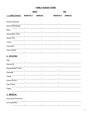 Free Download PDF Books, Family Budget Items Template