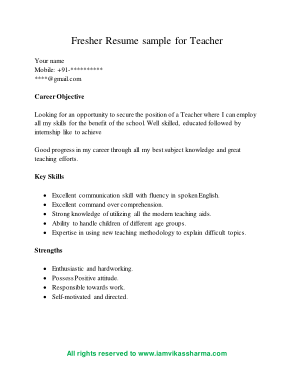 Free Download PDF Books, Sample Fresher CV for Teacher Template