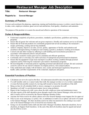 Free Download PDF Books, New Restaurant Manager Job Description Template