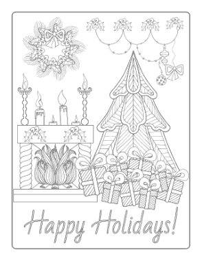 Free Download PDF Books, Christmas Fireside Tree Gifts Wreath Coloring Template