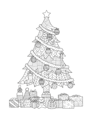 Free Download PDF Books, Christmas Decorated Tree Gifts Intricate Pattern Free Coloring Template