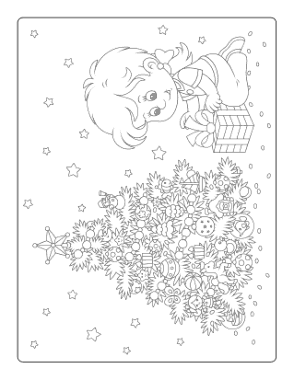 Free Download PDF Books, Christmas Girl Opening Present Decorated Tree Free Coloring Template