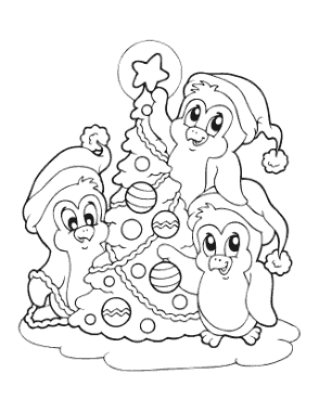 Free Download PDF Books, Christmas Tree Cute Penguins Decorating Tree Free Coloring Template