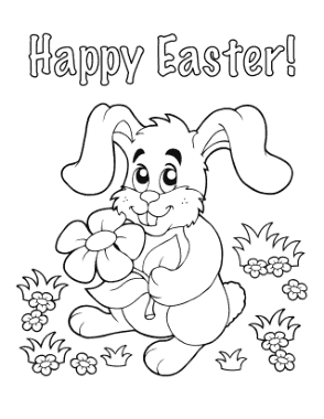 Free Download PDF Books, Happy Easter Bunnie With Flower Coloring Template