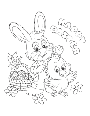 Free Download PDF Books, Happy Easter Bunny Chick Basket Coloring Template