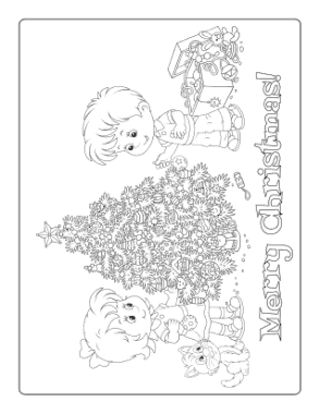 Free Download PDF Books, Christmas Tree Children Decorating Tree Cat Coloring Template