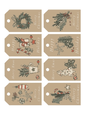 Free Download PDF Books, Christmas Tags Brown Background Green Red Paper Festive Fir Wreath Holly Ornaments Coloring Template