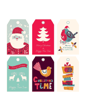 Free Download PDF Books, Christmas Tags Colorful Santa Tree Bird Deer Gifts Coloring Template