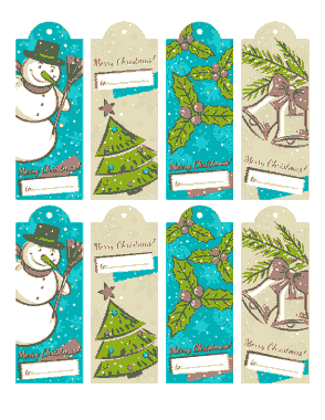 Free Download PDF Books, Christmas Tags Vintage Snowman Tree Bells Holly Coloring Template
