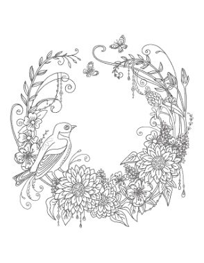 Free Download PDF Books, Flower Beautiful Detailed Bird Flower Wreath Coloring Template