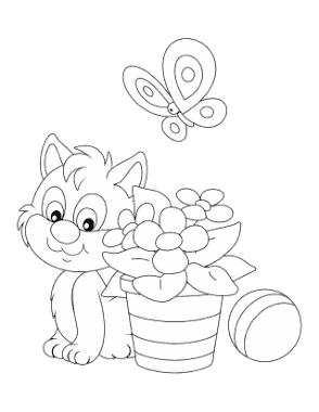 Free Download PDF Books, Flower Cute Cat Flower Pot Butterfly Coloring Template