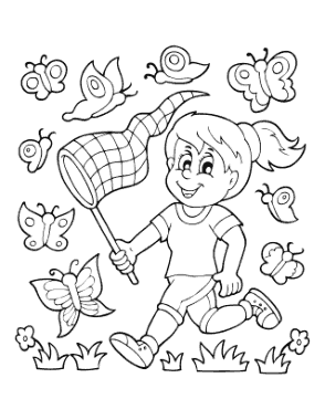 Free Download PDF Books, Butterfly Cartoon Girl Catching Butterflies With Net Coloring Template