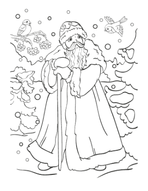 Free Download PDF Books, Santa Wearing Cloak In Snow With Cute Birds Coloring Template