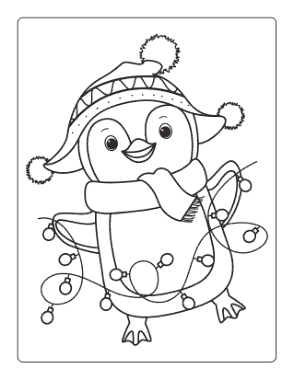 Free Download PDF Books, Winter Cute Penguin With Fairy Lights Coloring Templat