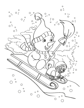 Free Download PDF Books, Winter Cute Snowman Puppy Sled Ride Coloring Templat