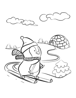 Free Download PDF Books, Winter Penguin Skiing Coloring Templat