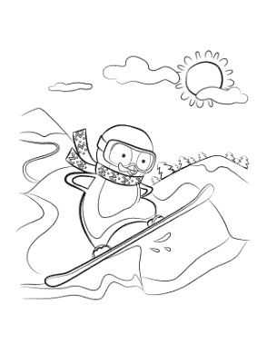 Free Download PDF Books, Winter Penguin Snowboarding Coloring Templat