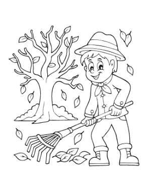 Free Download PDF Books, Boy Raking Fallen Leaves Autumn and Fall Coloring Template