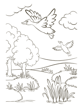 Free Download PDF Books, Ducks Flying Near Lake Autumn and Fall Coloring Template
