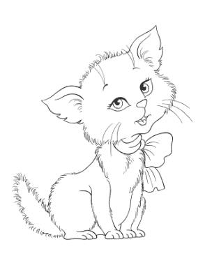 Free Download PDF Books, Cute Fluffy With Bow Cat Coloring Template