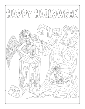 Free Download PDF Books, Halloween Goth Fairy Spooky Tree Pumpkins Coloring Template