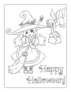 Free Download PDF Books, Halloween Witch Broom Cat Cauldron Coloring Template