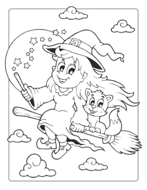 Free Download PDF Books, Halloween Witch Cat Broomstick Wand Coloring Template