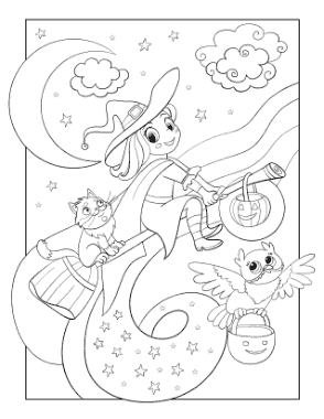 Free Download PDF Books, Halloween Witch Flying Broomstick Cat Owl Coloring Template
