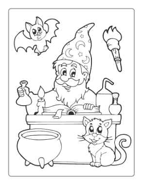 Free Download PDF Books, Halloween Wizard Book Cauldron Cat Coloring Template