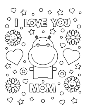 Free Download PDF Books, Mothers Day I Love You Mom Hippo Coloring Template