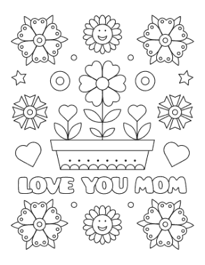 Free Download PDF Books, Mothers Day Love You Mom Flowers In Pot Hearts Coloring Template