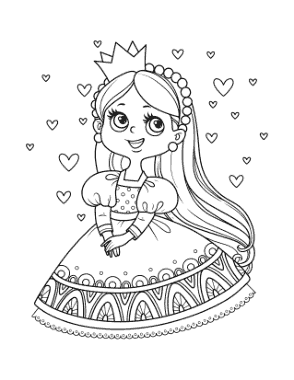 Free Download PDF Books, Princess Cute Hearts Coloring Template