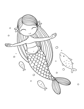 Free Download PDF Books, Mermaid Cute Floating Fish Coloring Template