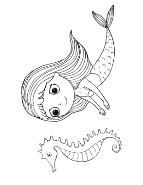 Free Download PDF Books, Mermaid Cute Large Eyes Seahorse Coloring Template